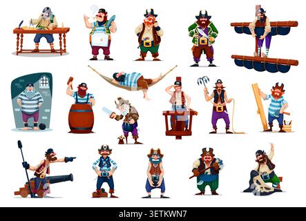 Pirate de dessin animé et personnages d'équipage de navire corsaire. Vector drôle capitaine, skipper, bateau swain, cuisinier et docteur personnages en costumes de pirate. Joyeux marin, cuisinier, guetteur, charpentier, et personnages tonneliers Illustration de Vecteur
