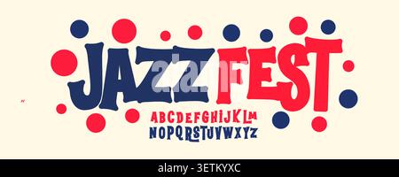 Musique festive police logo Funky Alphabet Funky Funabet. Blue Red Whimsical Letters, typographie comique originale pour le titre d'anniversaire, Summer Jazz Fest, Carnaval Illustration de Vecteur