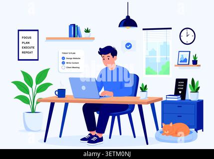 Jeune homme travaillant sur ordinateur portable de la maison dans l'illustration vectorielle moderne confortable de pièce Illustration de Vecteur