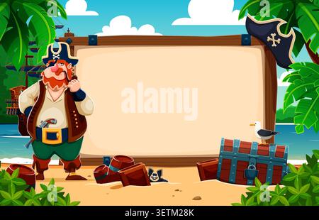 Vieux capitaine pirate avec bannière de planche en bois, flyer de fête drôle. Personnage de corsaire de dessin animé à Treasure Island avec chapeau de capitaine, pipe à fumer et cache-œil, voilier pirate, coffre et bannière vierge Illustration de Vecteur