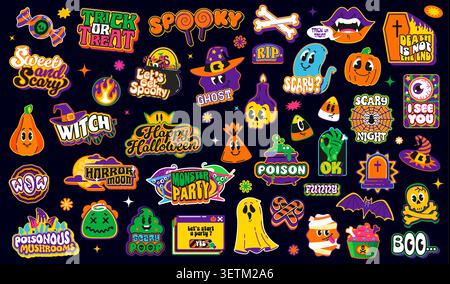 Autocollants rétro d'Halloween y2k, étiquettes d'icône de patch groovy de vacances avec des monstres d'horreur funky et des bonbons tricks ou gâteaux. Vecteur y2k fantôme d'Halloween, citrouille, crâne et autocollants de sorcière, emojis de sourire groovy Illustration de Vecteur