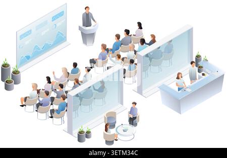Scène de conférence d'affaires isométrique avec conférencier sur le podium, le public écoutant la présentation, la réception et le hall d'entrée pour les entreprises Illustration de Vecteur