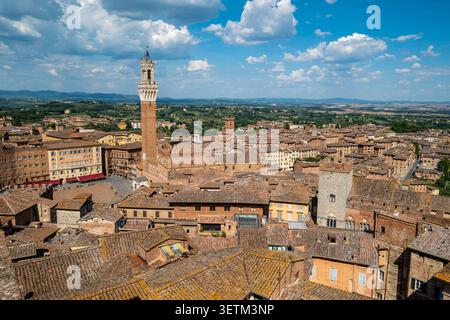 Vue surélevée vers la Piazza del Campo et Torre del Mangia Campo, Sienne, Toscane, Italie. Banque D'Images