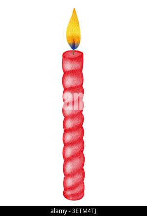 Bougie festive brûlante à l'aquarelle isolée sur fond blanc. Bougie de gâteau torsadée dessinée à la main avec flamme pour anniversaire ou célébration de Noël. pour b Banque D'Images