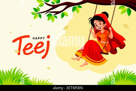 Une illustration vibrante capture l'essence du festival Happy Teej, mettant en vedette une femme indienne joyeuse dans une tenue traditionnelle rouge et orange joyfull Illustration de Vecteur