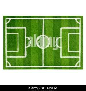 Illustration aquarelle d'un terrain de football vert vue de dessus. Terrain de football peint à la main avec des marques blanches pour la stratégie de jeu, la tactique et le sport Banque D'Images