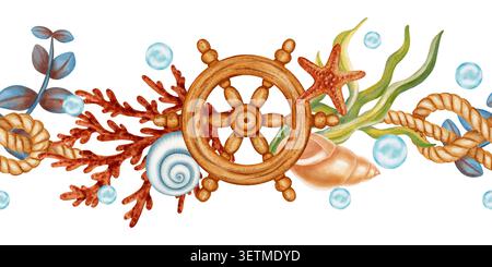 Aquarelle dessinée à la main bordure sans couture avec une roue de bateau en bois, des coraux rouges, des coquillages et des bulles bleues. Cadre marin horizontal nautique pour mariti Banque D'Images