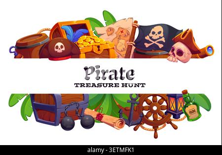 Cadre de bannière de chasse au trésor de pirate avec des éléments de bande dessinée. Coffre au trésor vibrant, chapeau de crâne, drapeau Jolly Roger et carte au trésor sur bannière blanche pour les invitations de fête d'enfants, l'interface utilisateur de jeu et les affiches d'événement Illustration de Vecteur