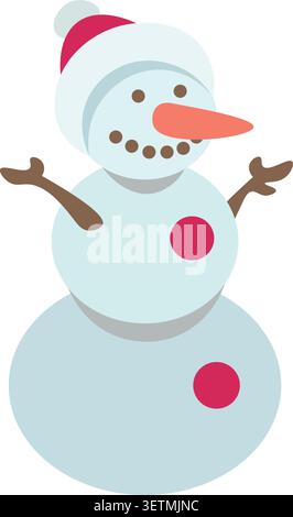 Un bonhomme de neige mignon se tient souriant, prêt pour un câlin et une bonne année. Ce personnage d'hiver pour Noël est dessiné dans un style plat et minimaliste Illustration de Vecteur