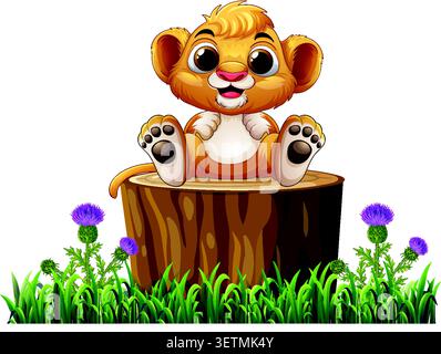 Illustration vectorielle adorable d'un petit lion de bébé souriant reposant sur une bûche en bois. Illustration de Vecteur