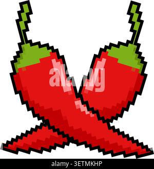 Pixel art croisé des piments rouges avec des tiges vertes Illustration de Vecteur