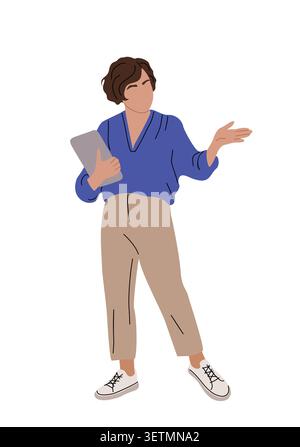 La femme fait des gestes d'une main tout en tenant la tablette Illustration de Vecteur