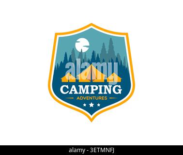 Icône de tente de camping de forêt ou badge avec des tentes contre les silhouettes de pin sous une lune la nuit. Bouclier emblème rétro pour aventure en plein air, exploration de la nature, camping, voyage rustique en plein air randonnée Illustration de Vecteur