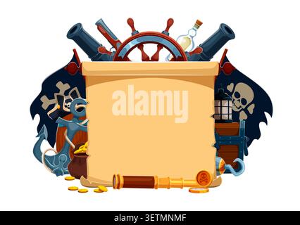 Bannière pirate avec vieux rouleau de papier, drapeaux, armes de navigation et corsaire. Modèle de carte au trésor vierge d'aventure de dessin animé avec parchemin vieilli entouré d'une roue de navire nautique, d'une ancre, d'un coffre au trésor Illustration de Vecteur