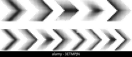Flèches en pointillés et chevrons avec motif demi-ton. Icônes graphiques vectorielles montrant la direction, le mouvement et la navigation dans un style géométrique abstrait avec des effets de dégradé. Illustration de Vecteur