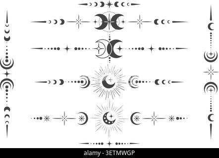 Cadres de lune céleste avec des étoiles et des bordures mystiques pour les cartes de tarot, les dessins spirituels et les éléments décoratifs ésotériques dans un style boho élégant Illustration de Vecteur