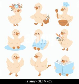 Ensemble d'autocollants de cuisson et de cuisson de petits canetons mignons Illustration de Vecteur