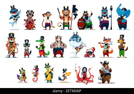 Corsaire animal de bande dessinée et personnages pirates de requin marin, raton laveur et singe, personnages vectoriels. Pirates animaux de corsaire paresseux, hippopotame et éléphant, capitaine tigre et crocodile avec ours et renard Illustration de Vecteur
