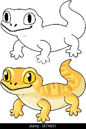 Un personnage de gecko léopard souriant présenté dans les versions de ligne colorée et noire et blanche Illustration de Vecteur
