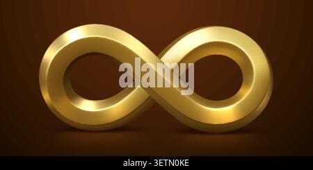 symbole d'infini en métal doré 3d de boucles sans fin d'or, 8 ou bande mobius avec des effets de lumière et d'ombre jaune brillant. Forme géométrique 3D réaliste de l'infini, symbole sans fin et sans limite Illustration de Vecteur