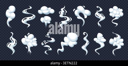 Effet de vapeur de dessin animé. Cigarette fumée bouclée, bouffée poof comique effet vapeur smog brouillard fumée nuage brume courbe silhouette gaz vent trail jeu poussière échappement qualitatif illustration vectorielle originale Illustration de Vecteur
