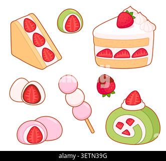 Set de desserts japonais aux fraises. Sandwich, gâteau, mochi, dango. Dessin de dessin animé mignon, illustration de clip art vectoriel. Illustration de Vecteur