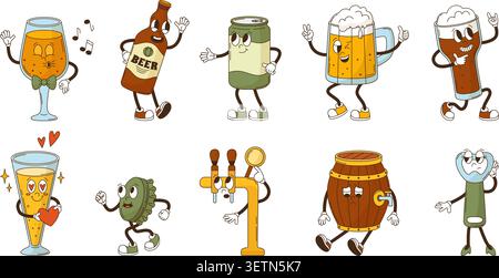 Personnages de bière de dessin animé groovy. Les bouteilles peuvent tonneau et verre. Bouchon et ouvre-bouteille de bière mignon. Cartoon oktoberfest mascottes, vecteur néotérique drôle Illustration de Vecteur