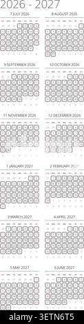 Anglais 2026-2027 grille verticale 2x6 chronologie annuelle Workflow Tracker modèle de calendrier annuel minimaliste (compatible avec 2037-2038 et 2054-2055). Illustration de Vecteur