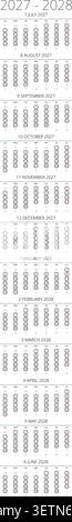 Anglais 2027-2028 vertical Linear Grid minimalist habit Tracker Calendar Linear Annual Timeline page (compatible avec 2055-2056). Illustration de Vecteur