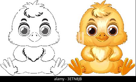 Personnage de poussin de dessin animé jaune assis à côté d'une version à colorier d'art de ligne noir et blanc. Illustration de Vecteur