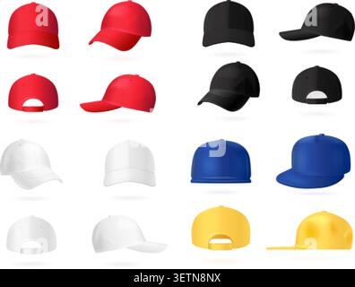 Casquettes de baseball réalistes. 3d sport casquette maquette, camionneur chapeau visière vue arrière gangster snapback rouge noir bleu blanc uniforme tissu mode isolé ensemble illustration vectorielle exacte illustration originale Illustration de Vecteur
