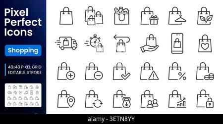 Jeu d'icônes de ligne de sac à provisions. Paquet de papier, achat d'épicerie, vente au détail, livraison rapide, cadeau, acheter en ligne illustration vectorielle minimale linéaire. Simple Illustration de Vecteur