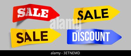 Ensemble d'autocollants colorés de flèche de vente et d'escompte pour le marketing et la publicité au détail. Illustration vectorielle. Illustration de Vecteur