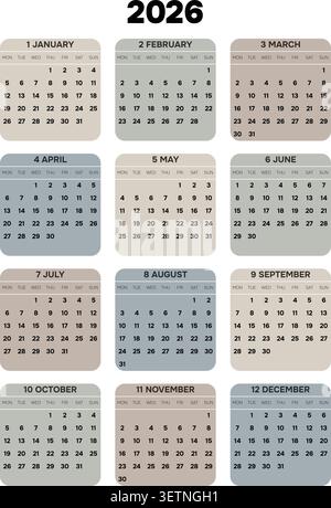 Anglais 2026 vertical 3x4 Grid Modern Loft Exhibition Calendar Grid architectural Studio feuille annuelle (compatible avec 2037 et 2043). Illustration de Vecteur