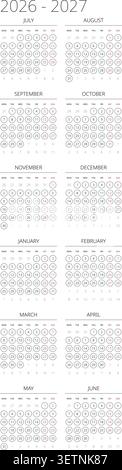 Anglais 2026-2027 vertical 2x6 Grid Continuous Linear Year Planner Clean Minimalist Timeline Grid (compatible avec 2037-2038 et 2054-2055). Illustration de Vecteur