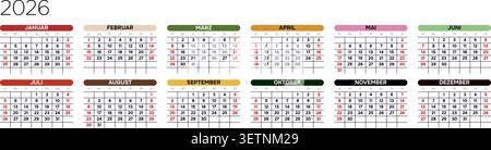 Allemand 2026 horizontal 6x2 Grid Clean sans Serif planificateur annuel Suisse affiche murale typographique (compatible avec 2037 et 2043). Illustration de Vecteur