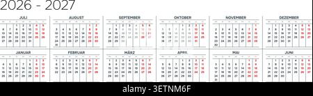 Allemand 2026-2027 horizontal 6x2 grille typographie gras calendrier annuel minimaliste page horaire suisse (compatible avec 2037-2038 et 2054-2055). Illustration de Vecteur