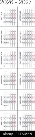 Espagnol 2026-2027 vertical 2x6 grille moderne calendrier annuel Poster Corporate Annual Planner Layout (compatible avec 2037-2038 et 2054-2055). Illustration de Vecteur