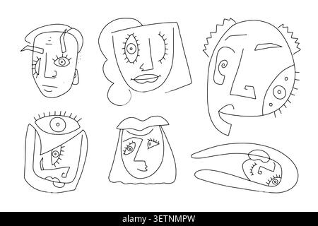 Doodle abstrait hommes, femmes visages ensemble. Portraits de ligne dessinés à la main isolés sur fond blanc. Personnages de style cubisme moderne, avatars artistiques collectionnent Illustration de Vecteur