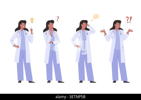Docteur femme en blouse de laboratoire et stéthoscope dans différents ensembles de poses. Personnage médical féminin debout et se demandant, confus, pensant Illustration de Vecteur