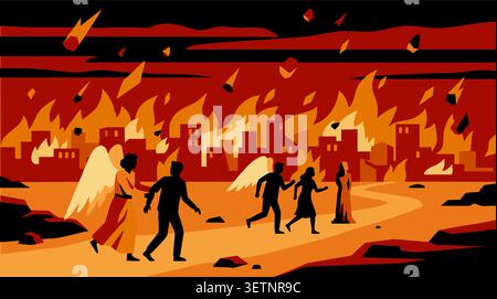 Anges conduisant Lot juste et sa famille loin à la sécurité comme le feu et la pluie de soufre détruisant Sodome et Gomorrhe ville dans les tons orange Illustration de Vecteur