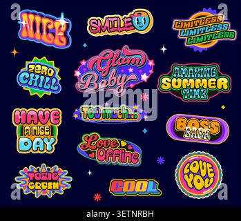 Jeu d'autocollants rétro y2k et d'étiquettes Cool patch. Vecteurs funky slogans comme Nice, Glam Baby, Love Offline et Amazing Summer Time. Y2K Smile emoji, cool et Love You autocollants avec des étoiles esthétiques, des fleurs Illustration de Vecteur