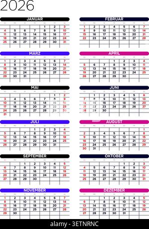 Allemand 2026 grille verticale 2x6 chronologie annuelle Workflow Tracker modèle de calendrier annuel minimaliste (compatible avec 2037 et 2043). Illustration de Vecteur