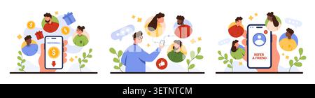 Concept de programme de parrainage avec des personnes partageant des liens d'invitation sur les smartphones, gagnant des récompenses et des bonus pour parrainer des campagnes d'ami, isolé sur fond blanc illustration vectorielle Illustration de Vecteur