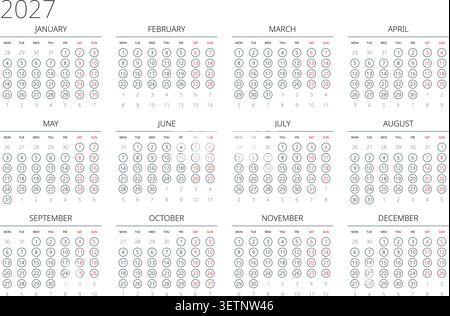 Anglais 2027 horizontal 4x3 Grid simple Annual Calendar Grid Professional Annual Office Organizer (compatible avec 2038 et 2049). Illustration de Vecteur