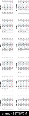 Anglais 2027 grille verticale 2x6 feuille de chronologie linéaire monochrome calendrier de flux de travail annuel minimaliste (compatible avec 2038 et 2049). Illustration de Vecteur