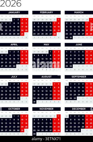 Anglais 2026 vertical 3x4 Grid Modernist Typographic Year Planner Swiss Design Calendar Grid (compatible avec 2037 et 2043). Illustration de Vecteur