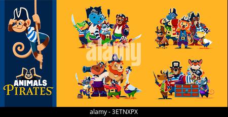 Caricature caribéenne pirate animal et personnages corsaires. Personnages d'équipage de navire nautique comme singe balançant, épée portant crocodile, marin hippopotame et sourire lion, ours, hibou, souris, crabe et oiseaux de mer Illustration de Vecteur