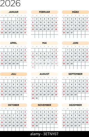 Allemand 2026 vertical 3x4 Grid minimaliste linéaire Studio Grid Calendar architectural Annual Wall Planner (compatible avec 2037 et 2043). Illustration de Vecteur