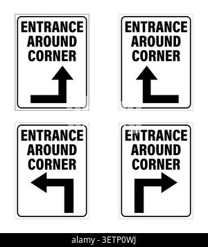 Entrée autour du coin. Ensemble de panneaux d'information avec texte et flèches directionnelles pointant dans quatre directions différentes, une pour chaque plaque. Illustration de Vecteur